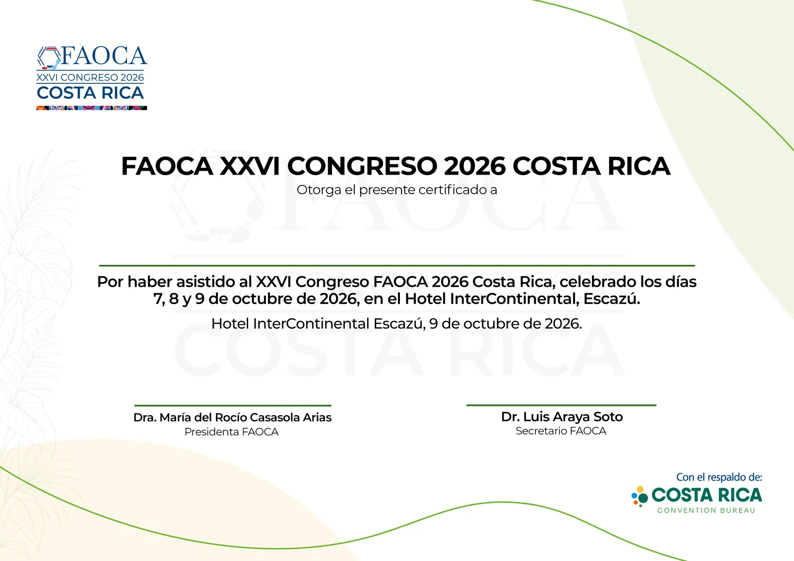 Certificado de asistencia a FAOCA Costa Rica 2026