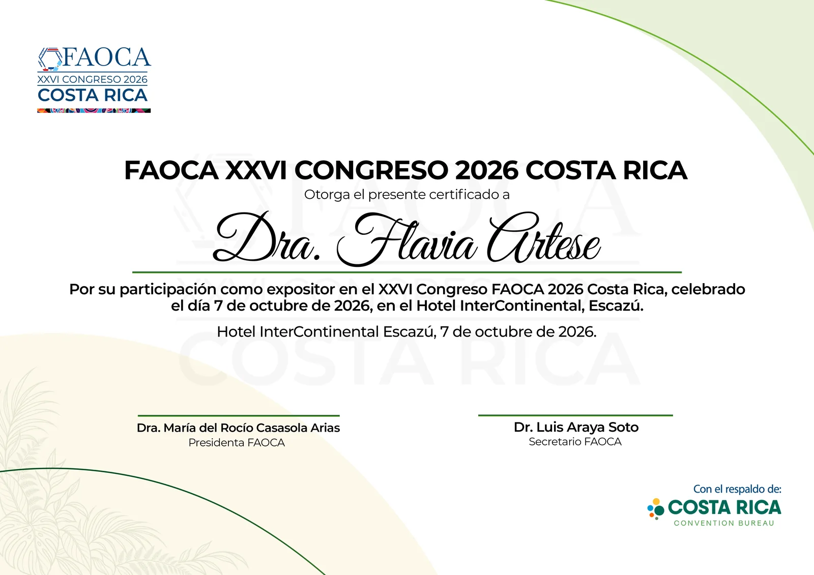 Certificado de FAOCA Costa Rica 2026 para conferencista
