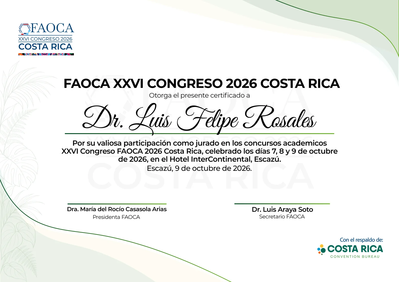 Certificado de FAOCA Costa Rica 2026 para jurado de los concursos académicos