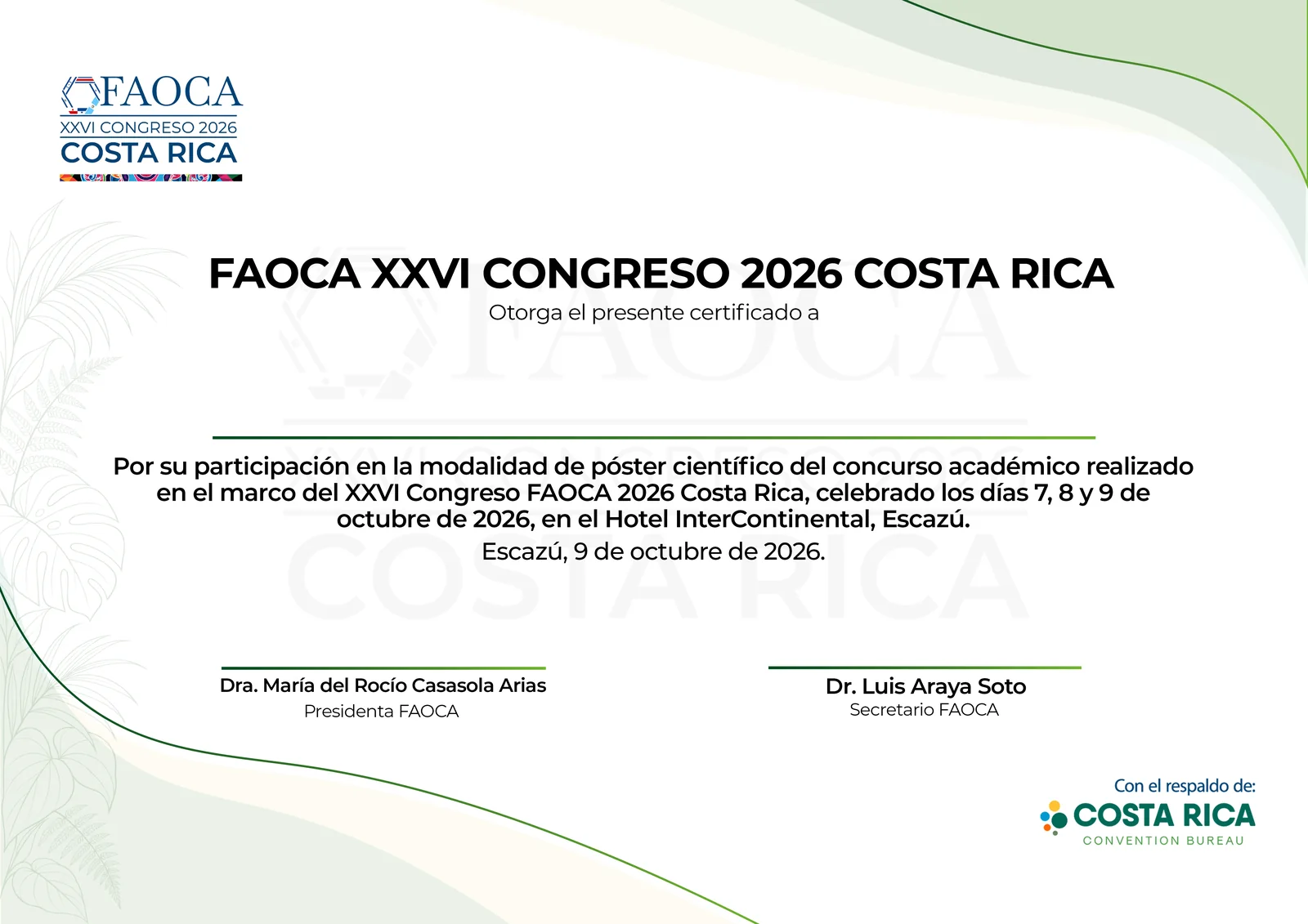 Certificado de FAOCA Costa Rica 2026 para la modalidad de póster científico