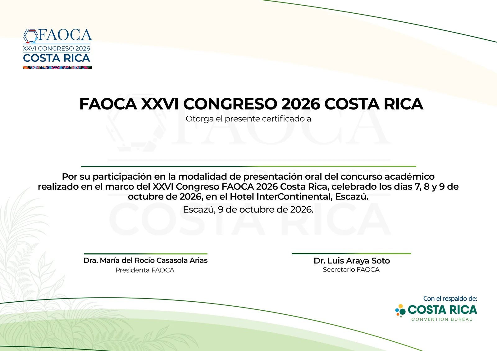 Certificado de FAOCA Costa Rica 2026 para la modalidad de presentación oral