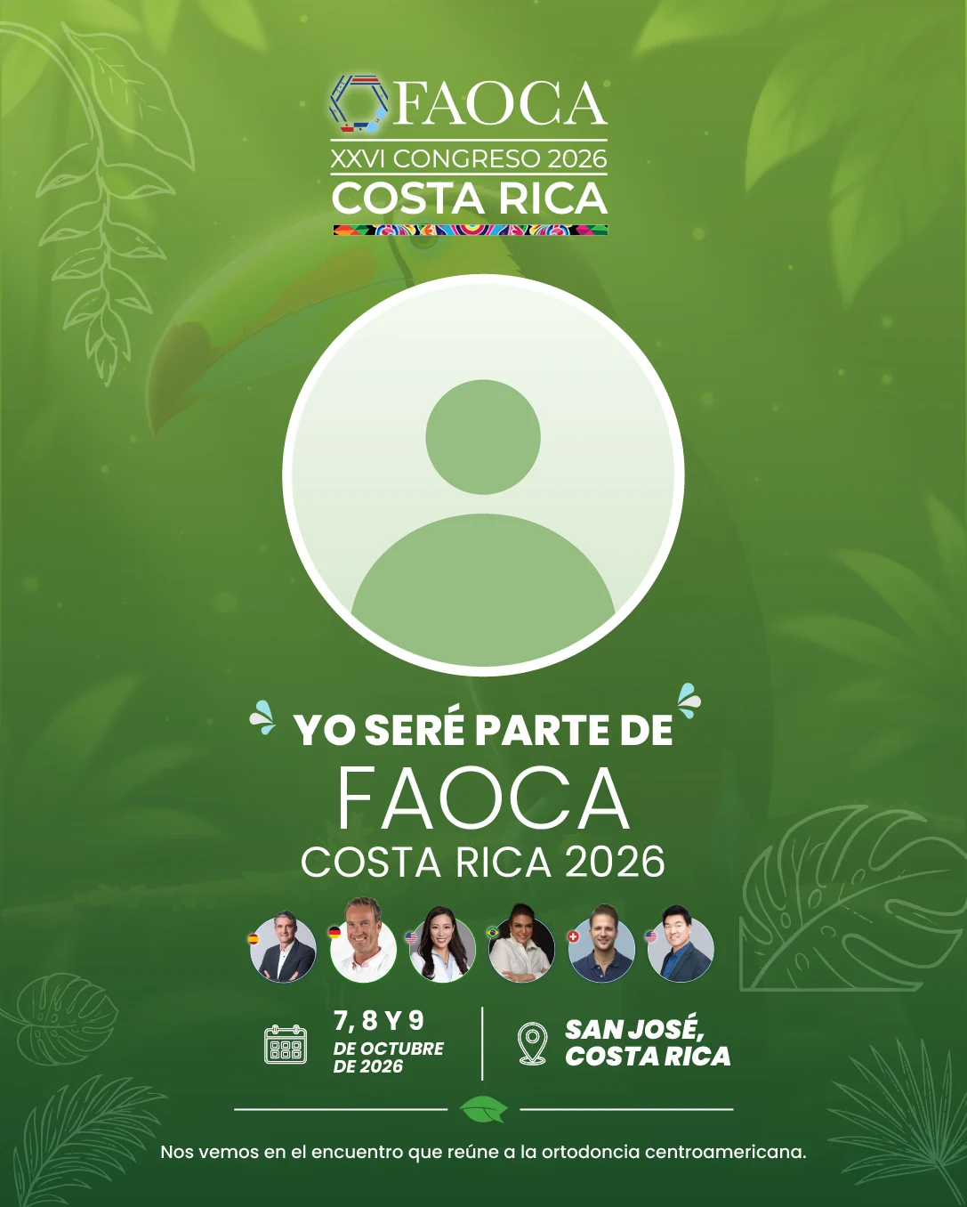 Plantilla Yo seré parte de FAOCA Costa Rica 2026 con espacio para la foto del asistente