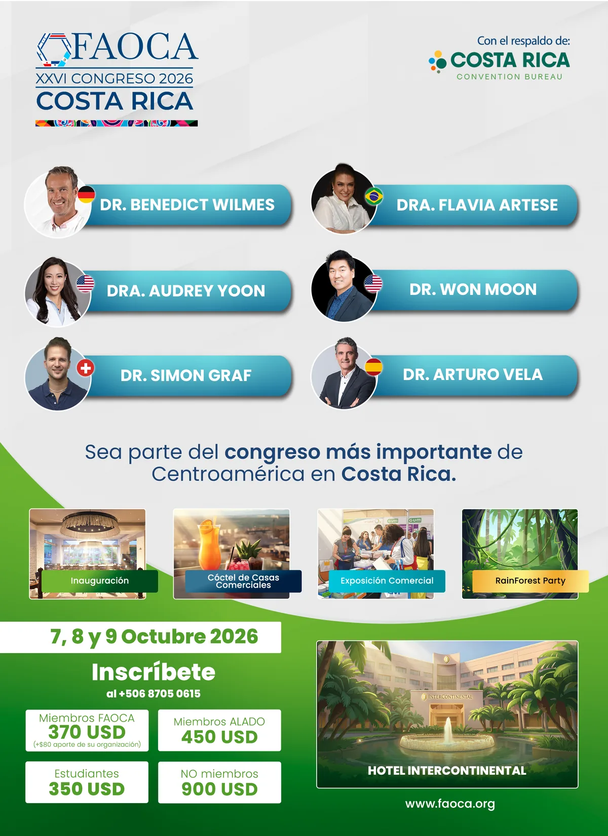 Flyer de FAOCA Costa Rica 2026 con conferencistas, actividades y tarifas
