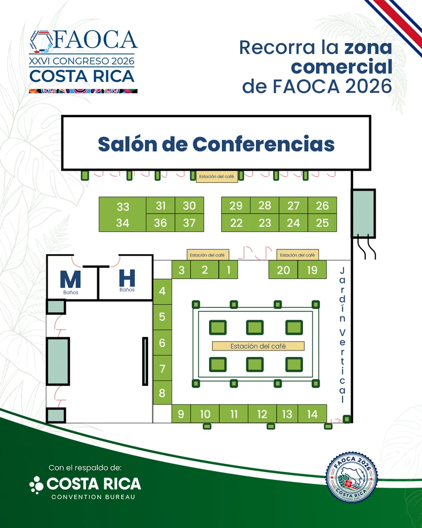 Mapa de la zona comercial de FAOCA 2026 con números de stand