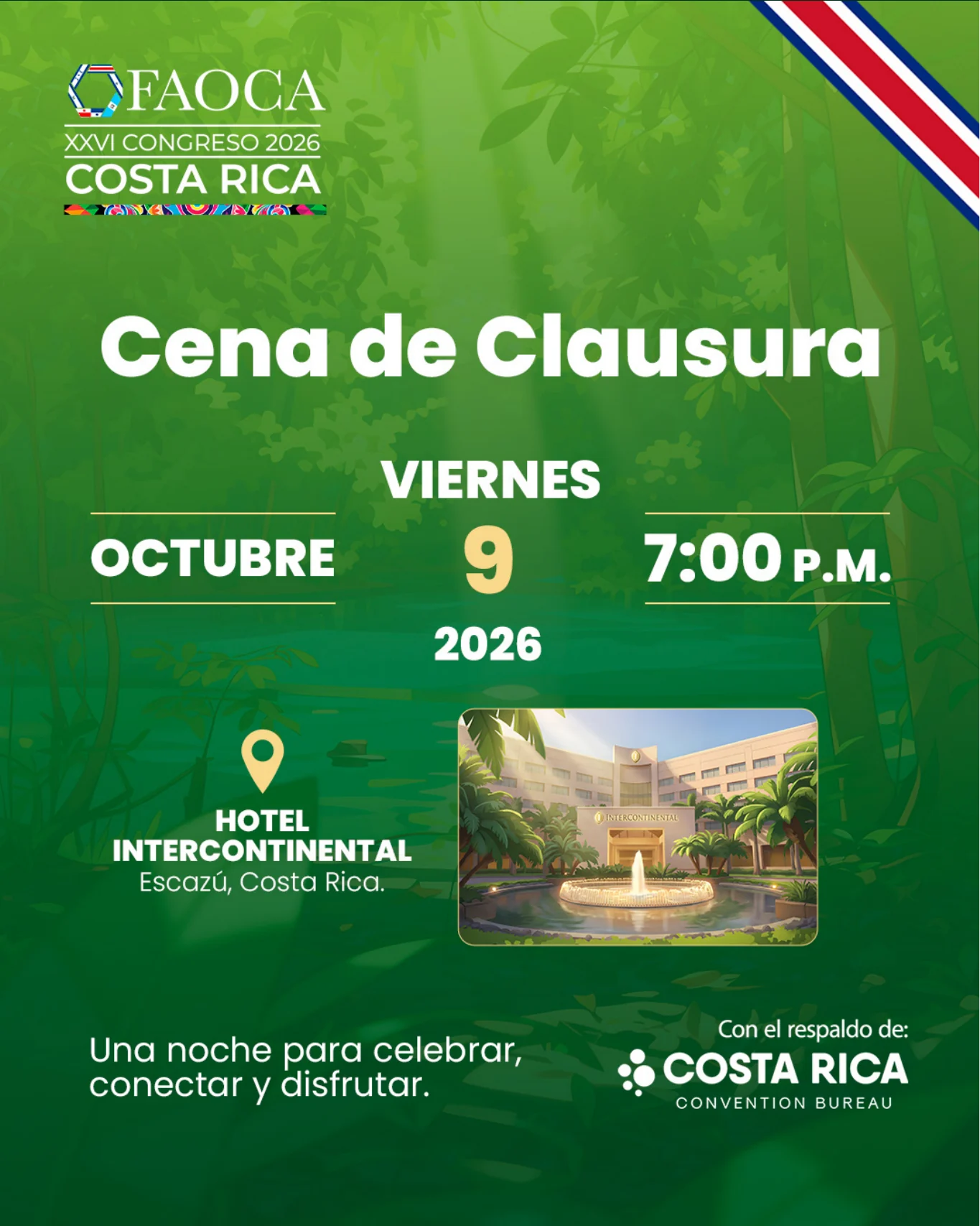 Invitación a la cena de clausura de FAOCA Costa Rica 2026, 9 de octubre