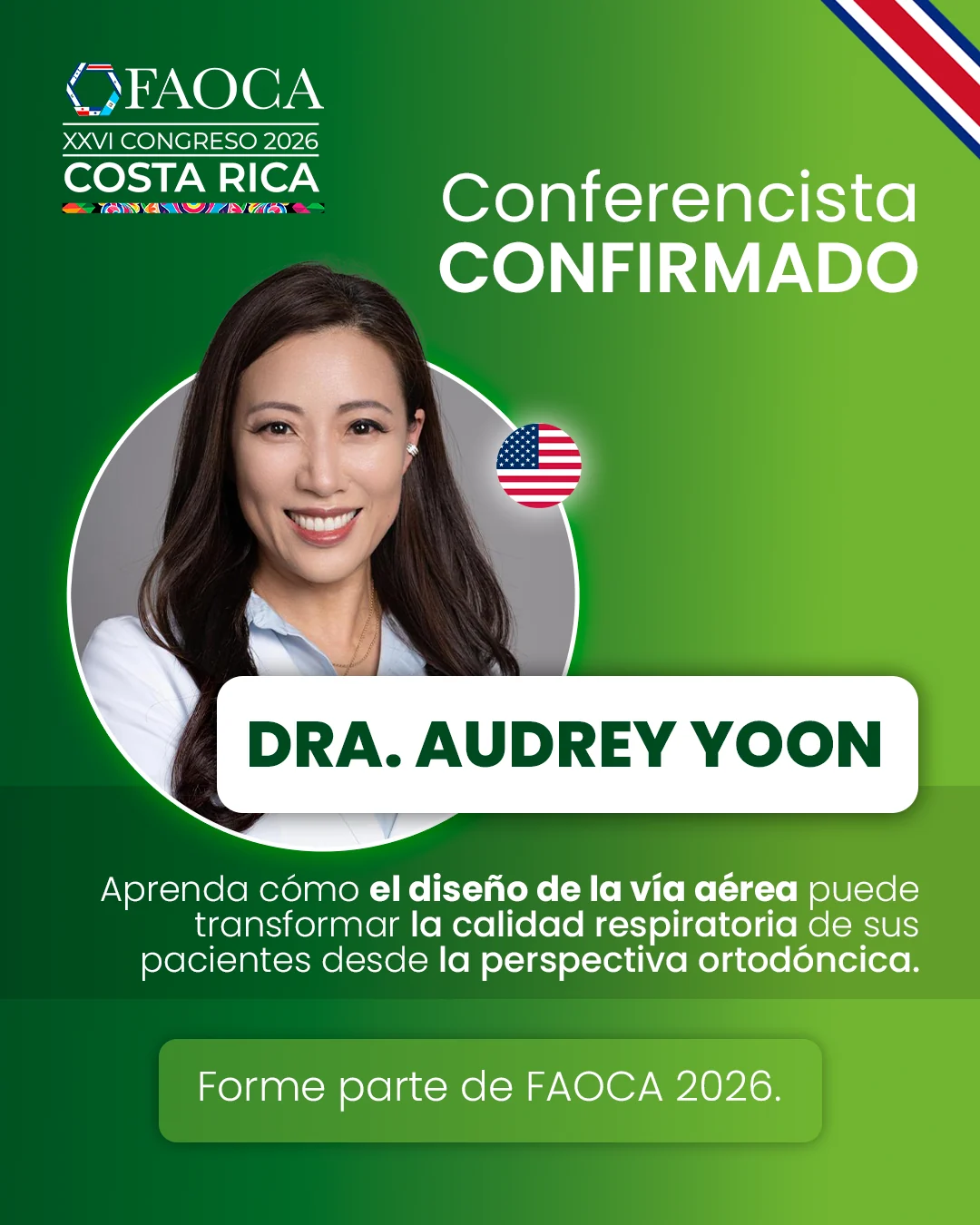 Publicación de conferencista confirmado de FAOCA Costa Rica 2026: Dra. Audrey Yoon