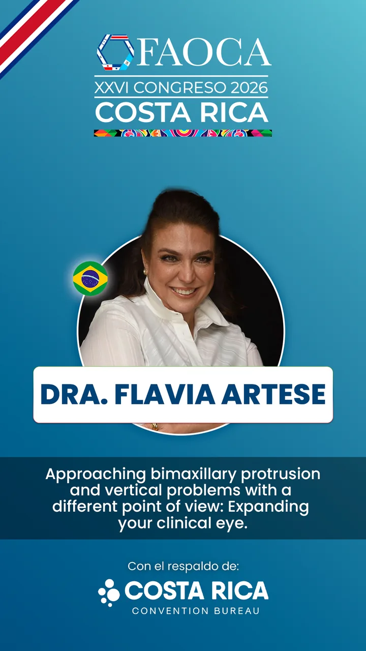 Tótem de la Dra. Flavia Artese con el título de su charla en FAOCA Costa Rica 2026