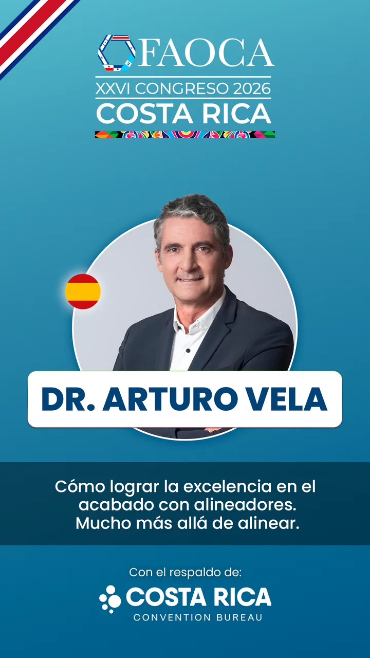 Tótem del Dr. Arturo Vela con el título de su charla en FAOCA Costa Rica 2026