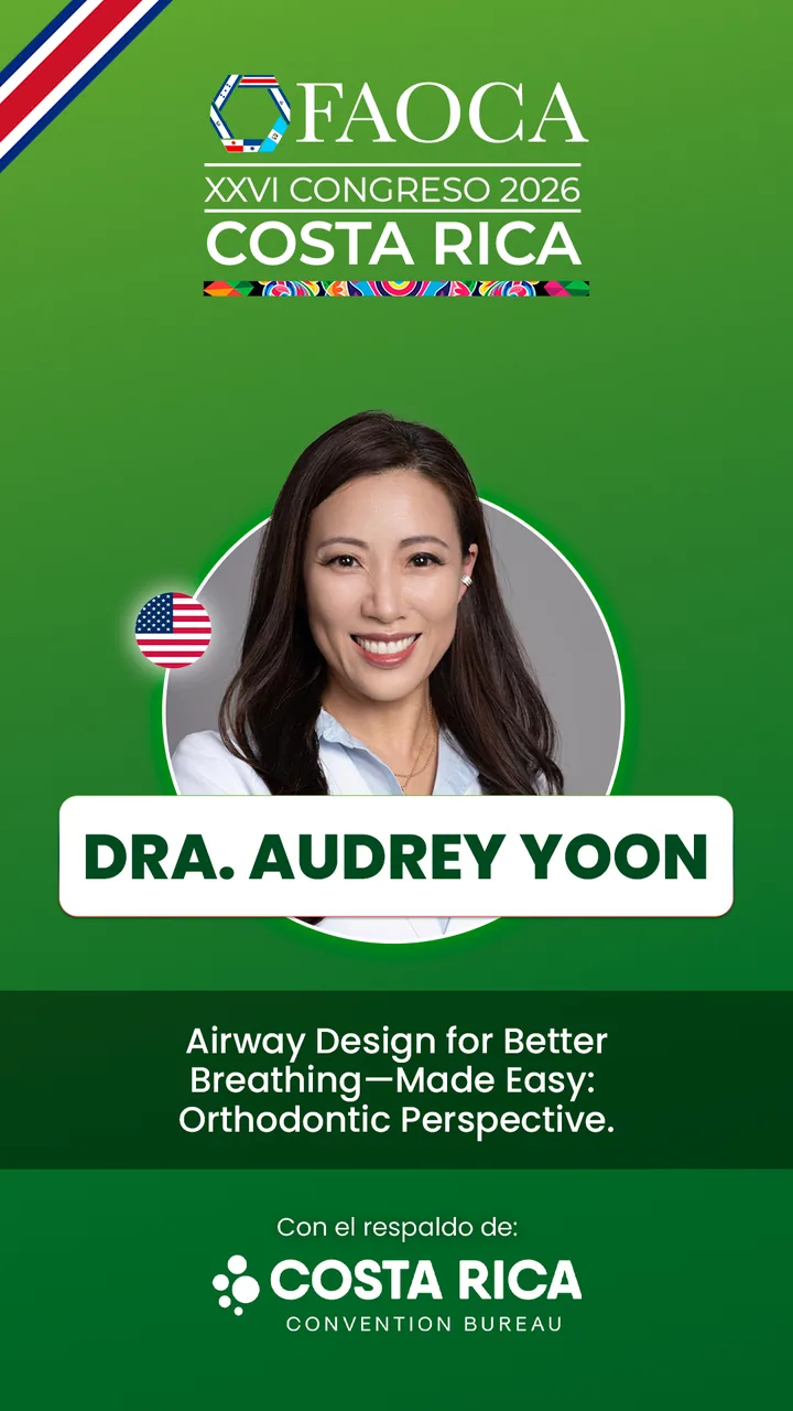 Tótem de la Dra. Audrey Yoon con el título de su charla en FAOCA Costa Rica 2026
